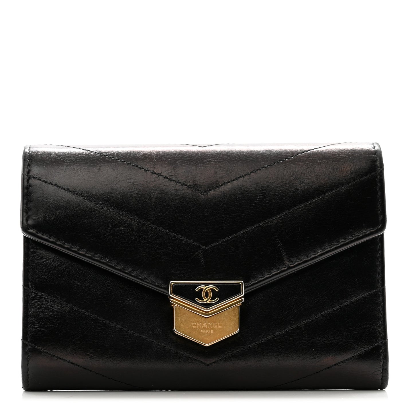 Calfskin Chevron Quilted Medal Flap Wallet Black