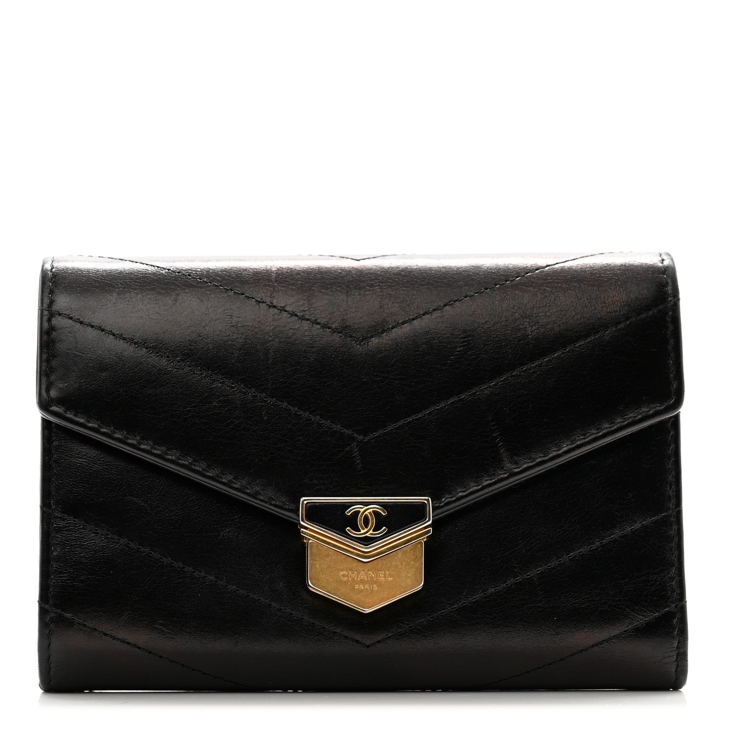 Chanel Calfskin Chevron Quilted Medal Flap Wallet Black 1 of 10