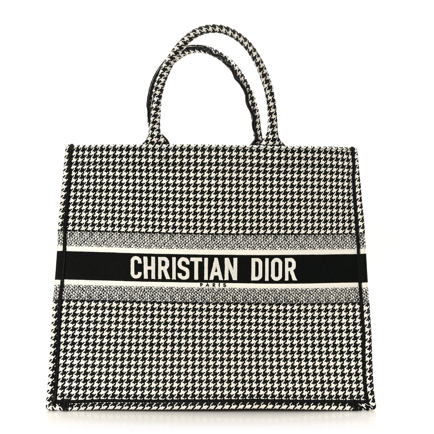 Canvas Houndstooth Embroidered Large Book Tote Black White