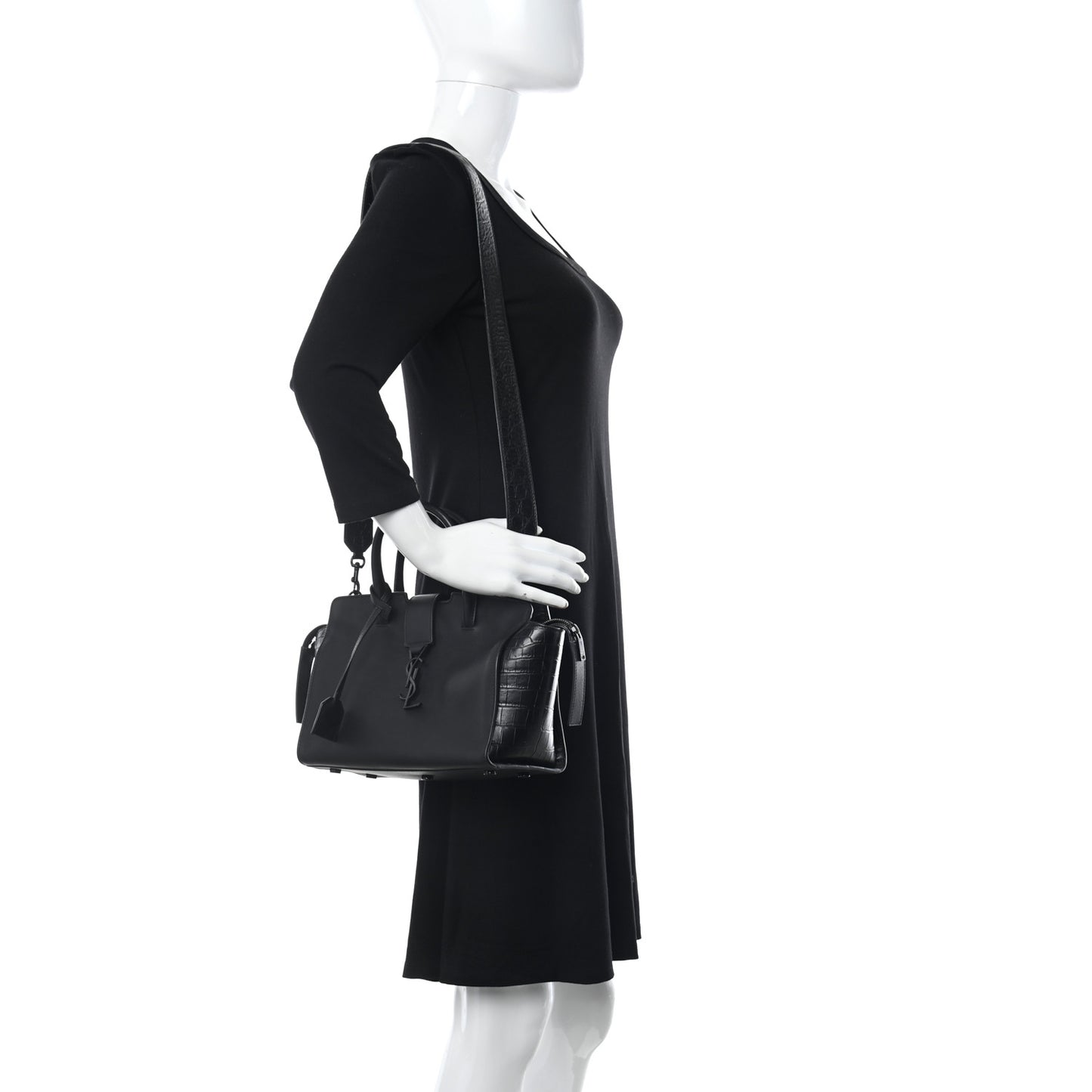 Smooth Calfskin Crocodile Embossed Baby Monogram Downtown Cabas Black