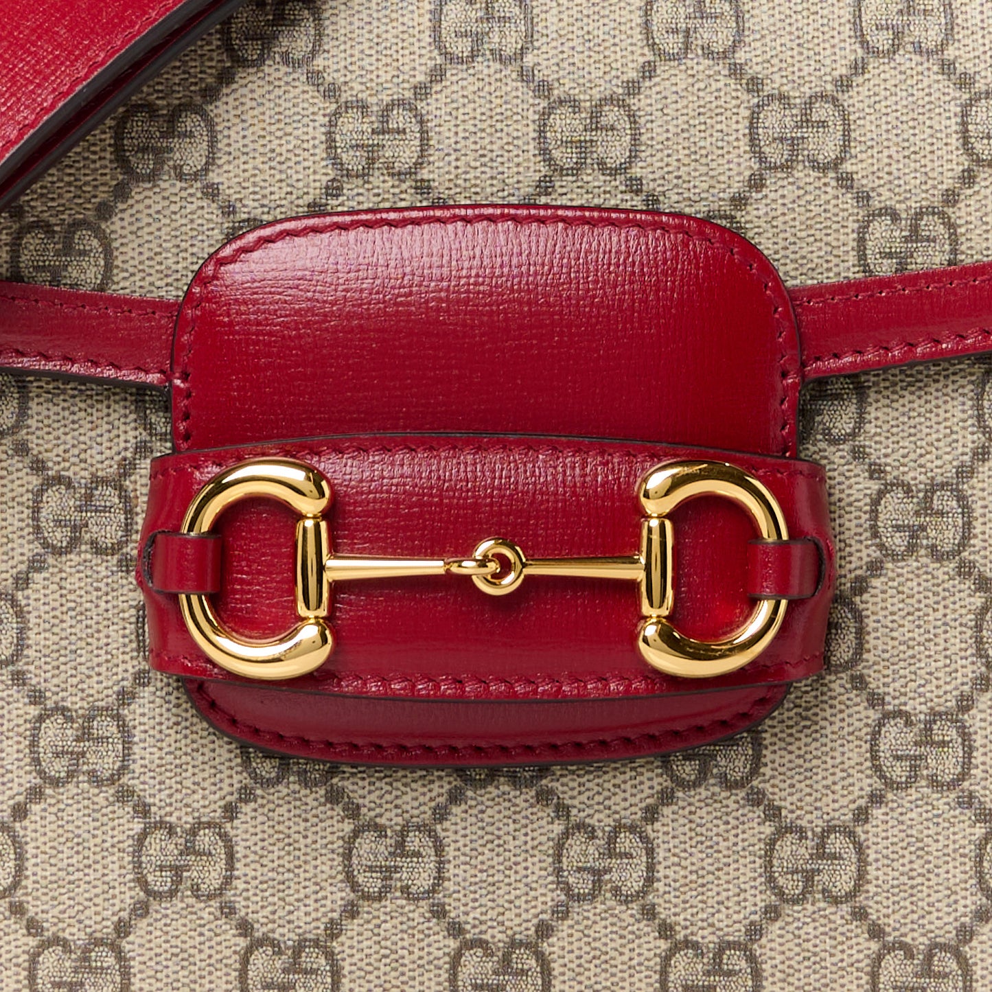 GG Supreme Monogram Azalea Calfskin Horsebit 1955 Shoulder Bag Beige Ebony New Cherry Red