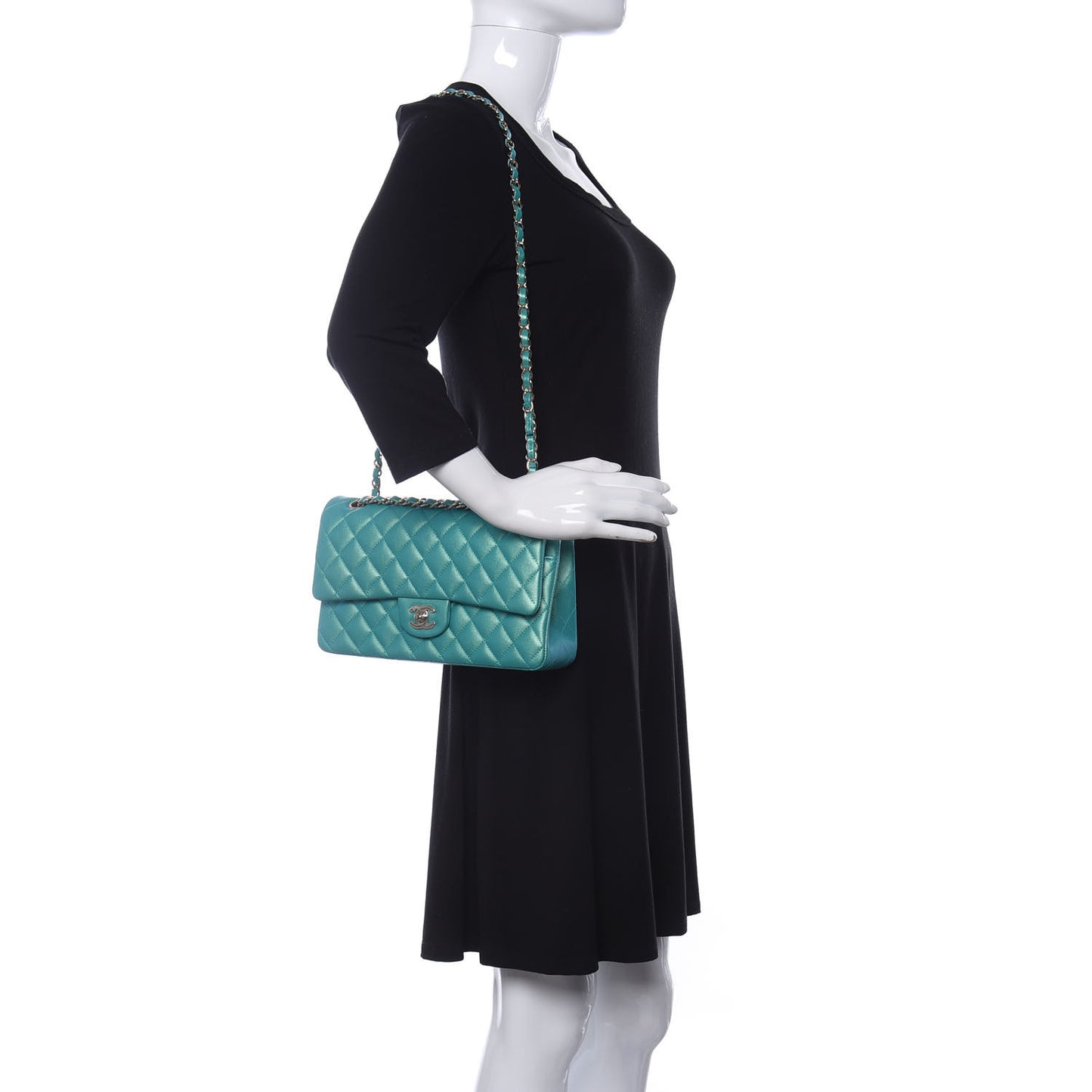 Iridescent Calfskin Quilted Medium Double Flap Green