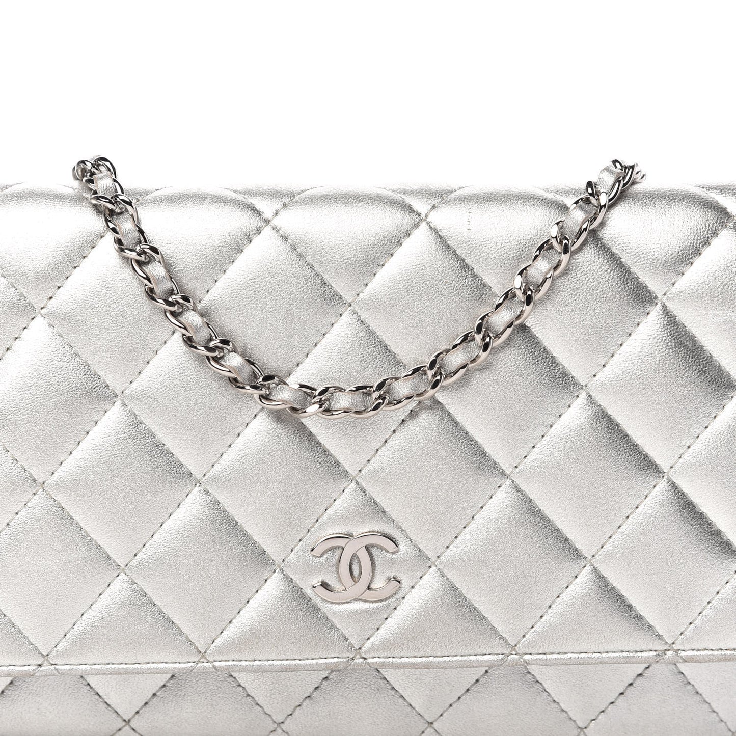 Metallic Lambskin Quilted Wallet On Chain WOC Silver