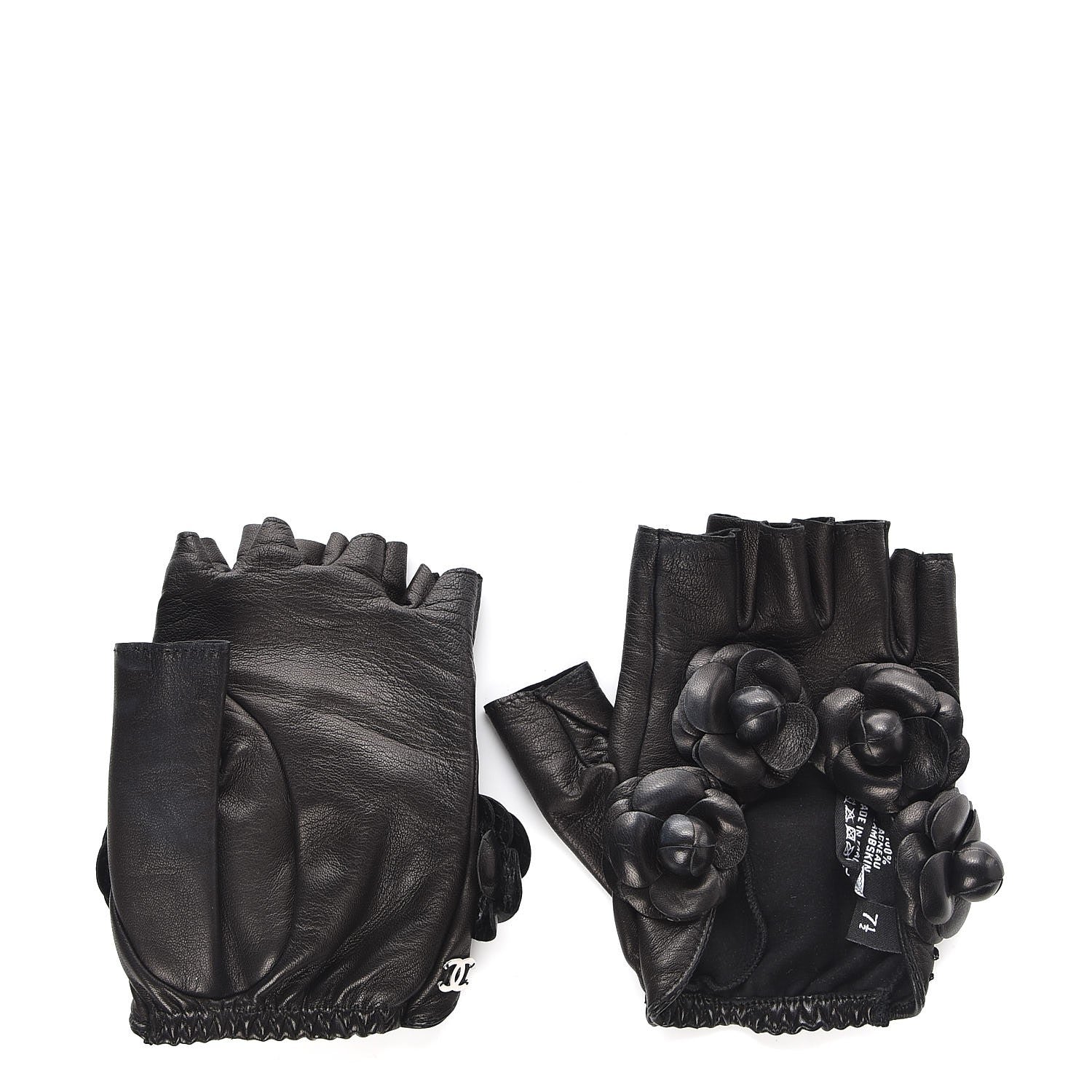 Chanel Lambskin Camellia Fingerless Gloves 7.5 Black 3 of 8