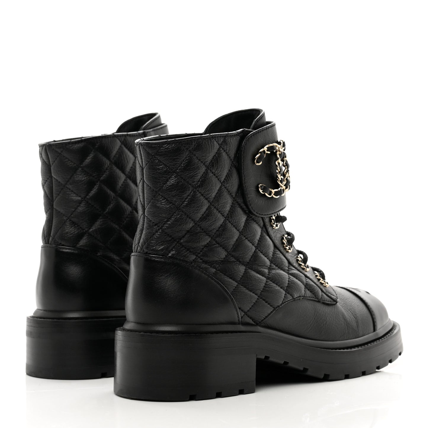 Shiny Calfskin Quilted Lace Up Combat Boots 38 Black