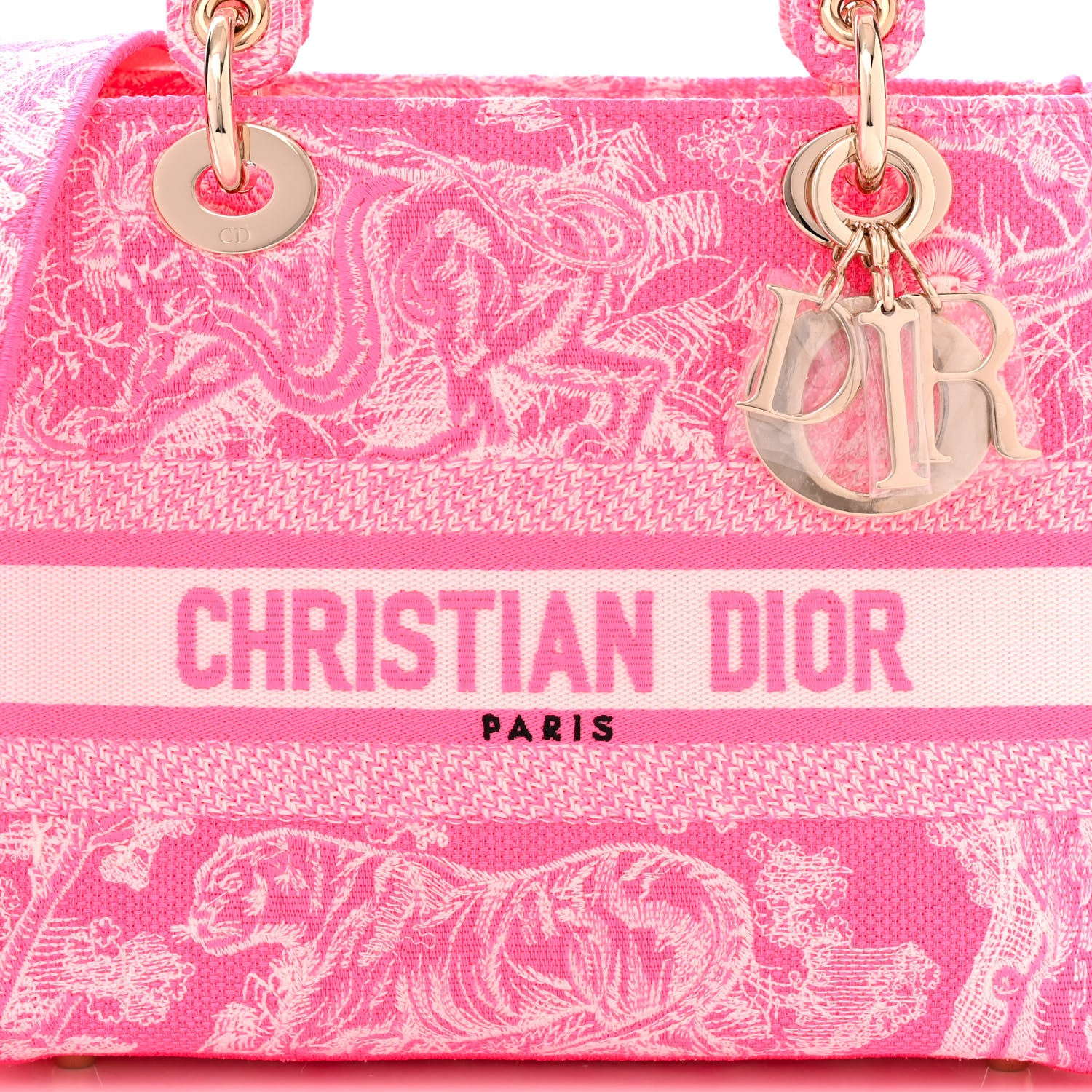 Christian Dior Canvas Toile De Jouy Reverse Embroidered Medium Lady D-Lite Fluorescent Pink 8 of 11