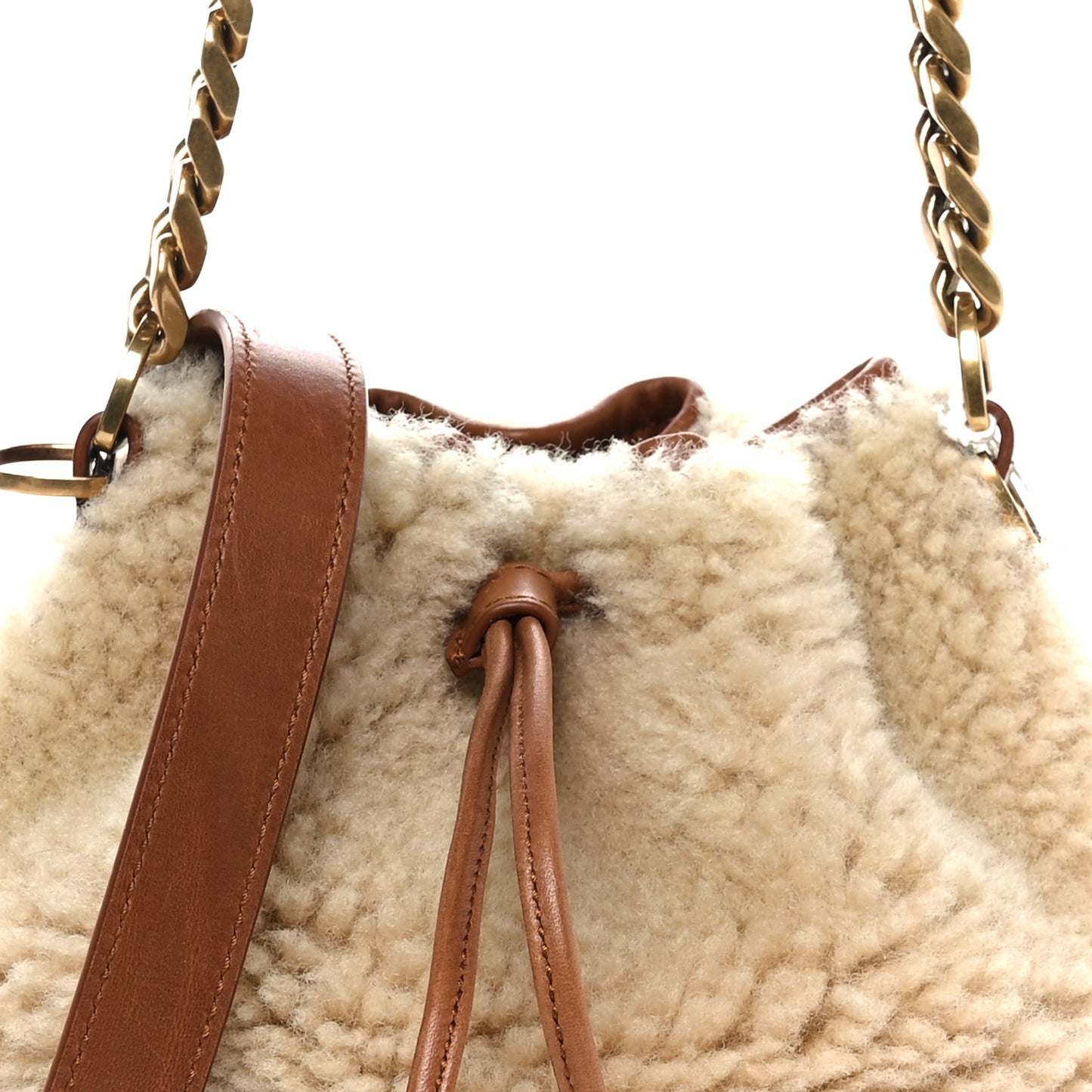 Shearling Calfskin Small Emmanuelle Bucket Bag Natural Beige Brick