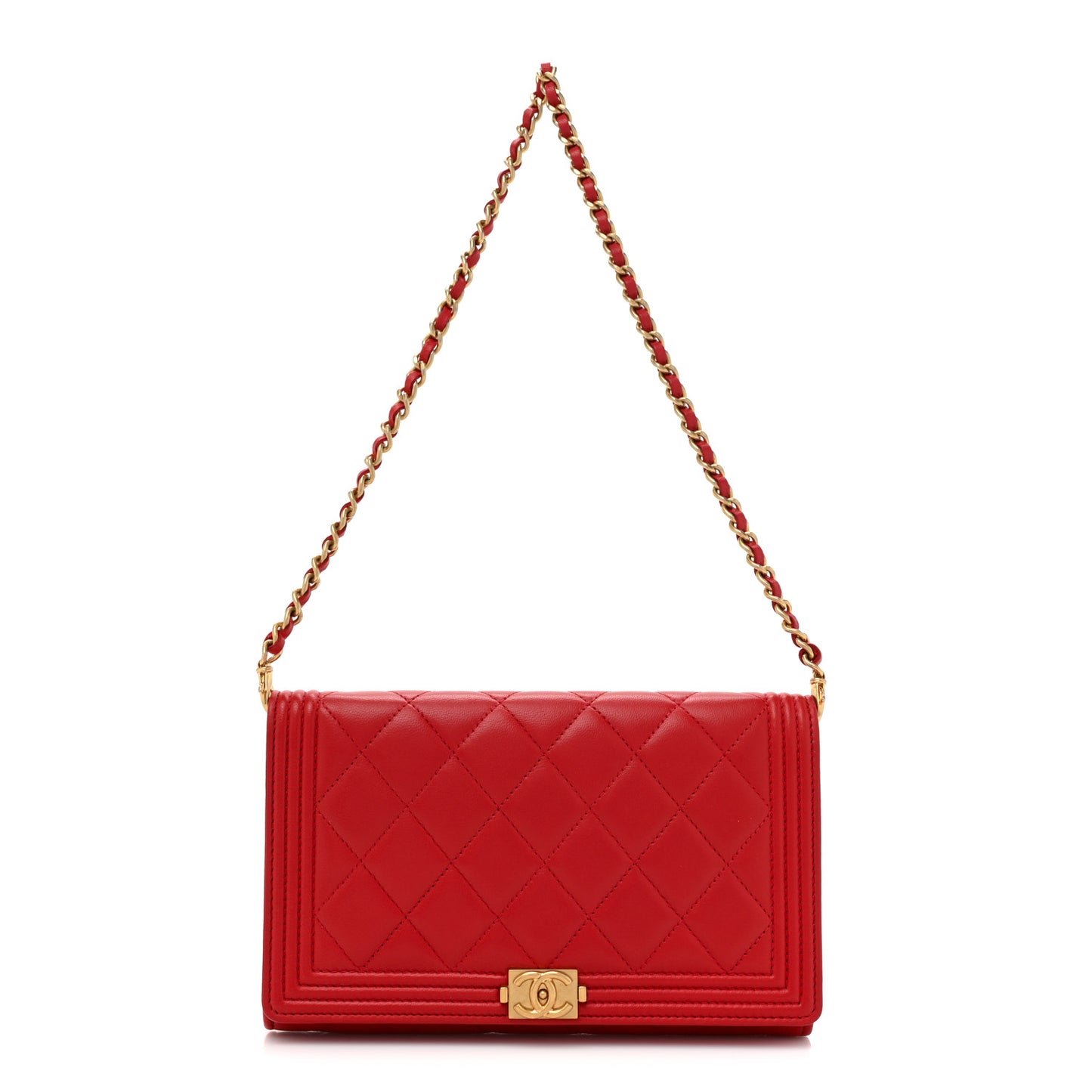 Lambskin Quilted Boy Wallet On Removable Chain WOC Red