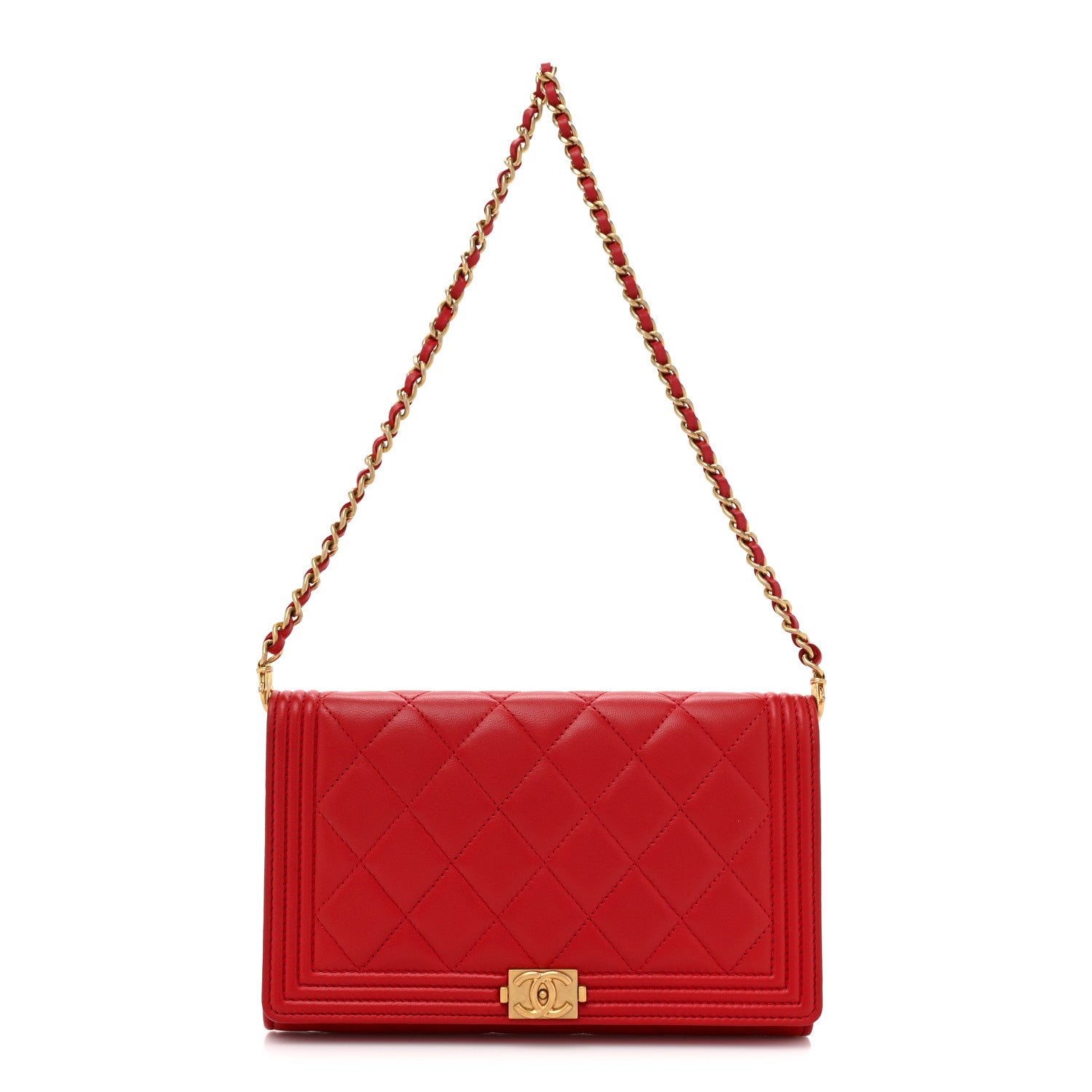 Chanel Lambskin Quilted Boy Wallet On Removable Chain WOC Red 1 of 15