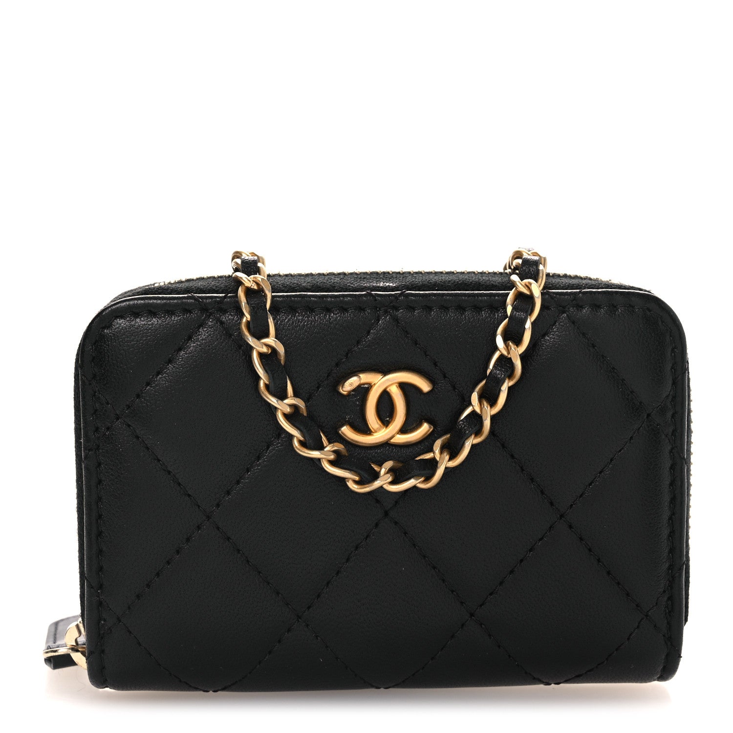 Chanel Lambskin Quilted CC Pearl Crush Zip Card Holder On Chain
