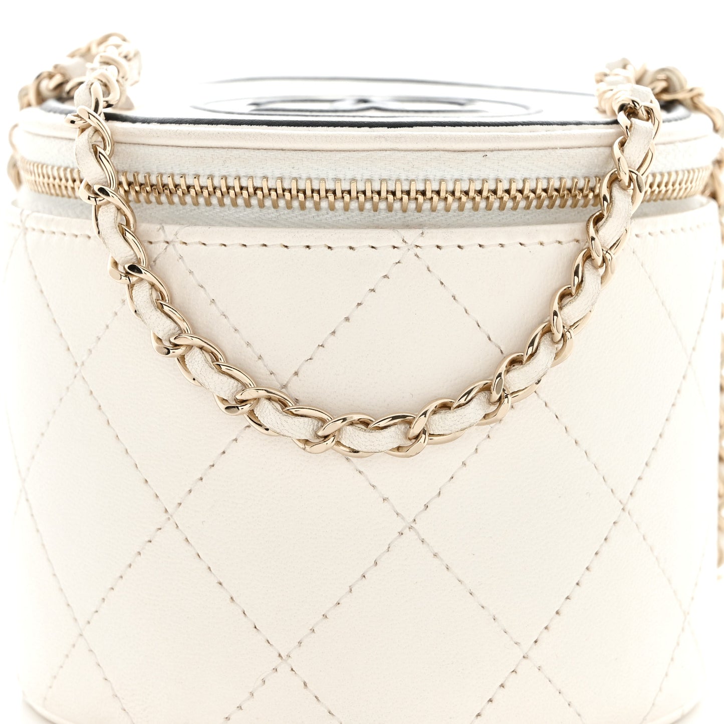 Lambskin Quilted Round Small Vanity Case With Chain White Black