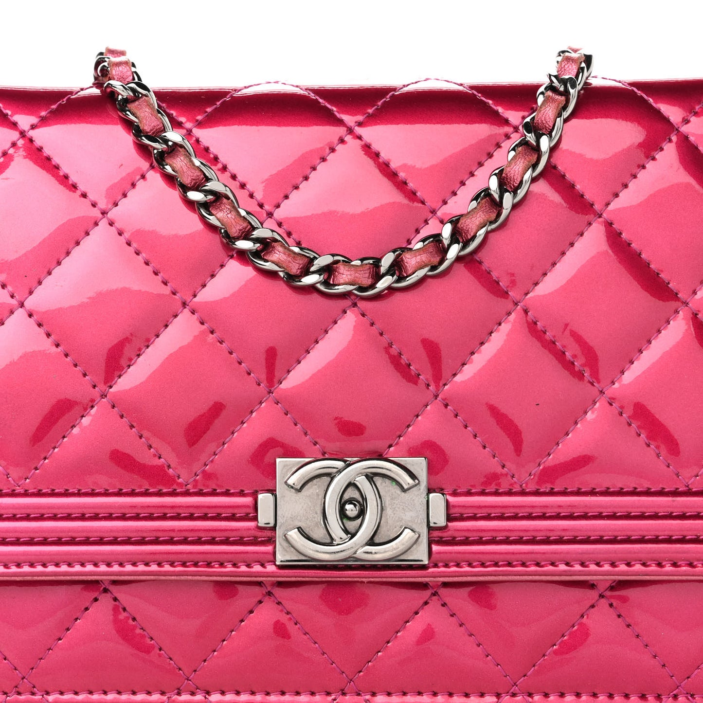 Metallic Patent Calfskin Quilted Boy Wallet On Chain WOC Fuchsia