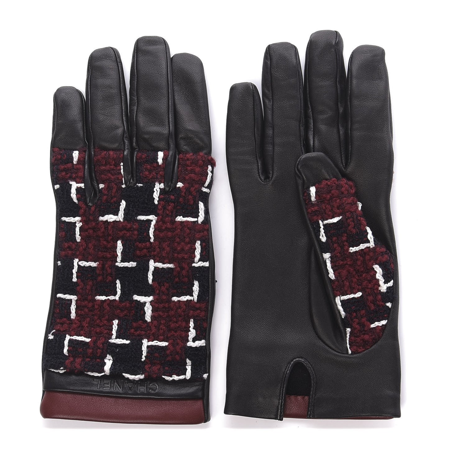 Lambskin Tweed CC Gloves 8 Red Black White
