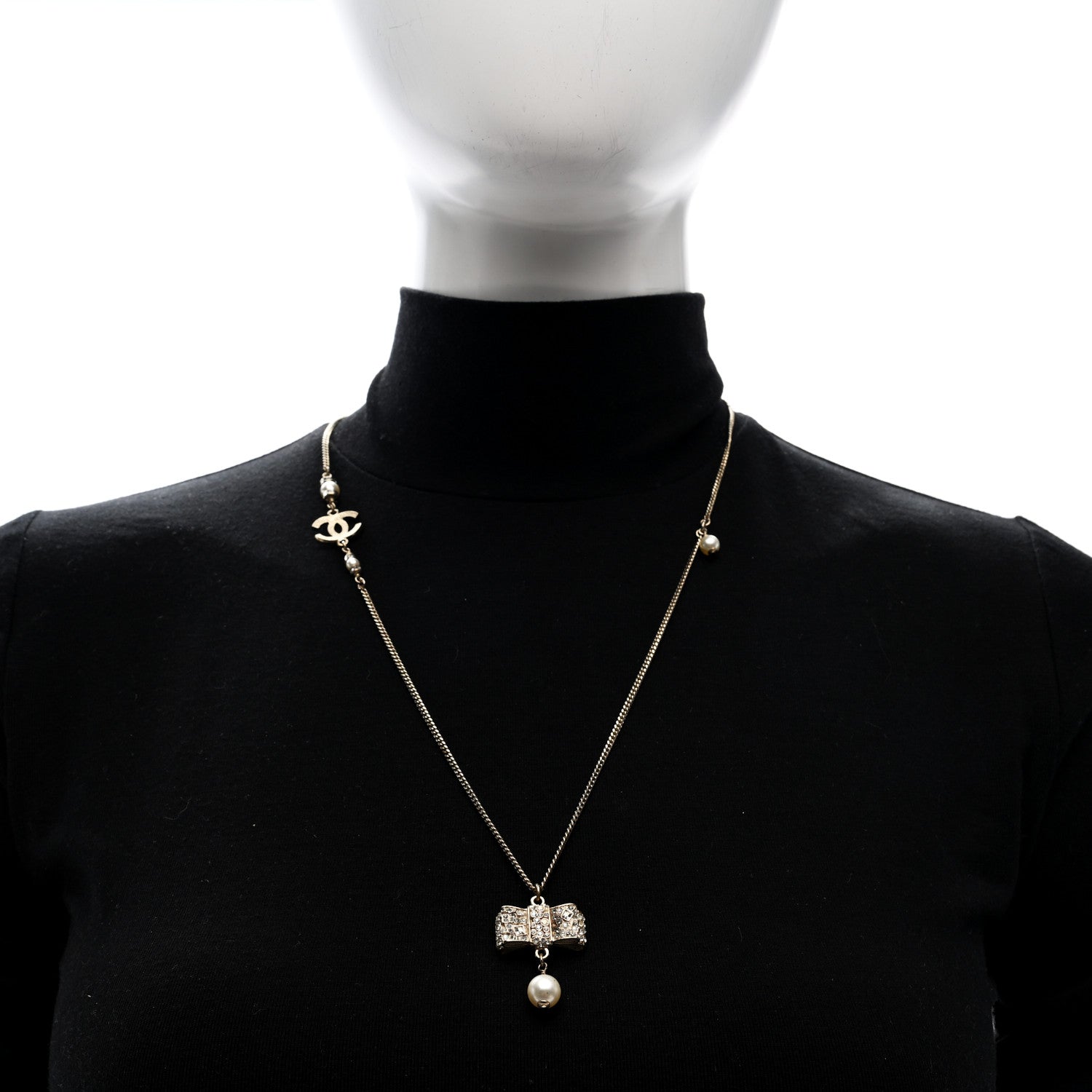 Chanel Metal Crystal Pearl CC Bow Necklace Gold 2 of 6