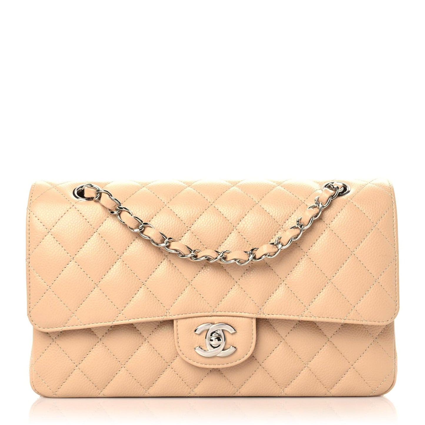 Caviar Quilted Medium Double Flap Beige
