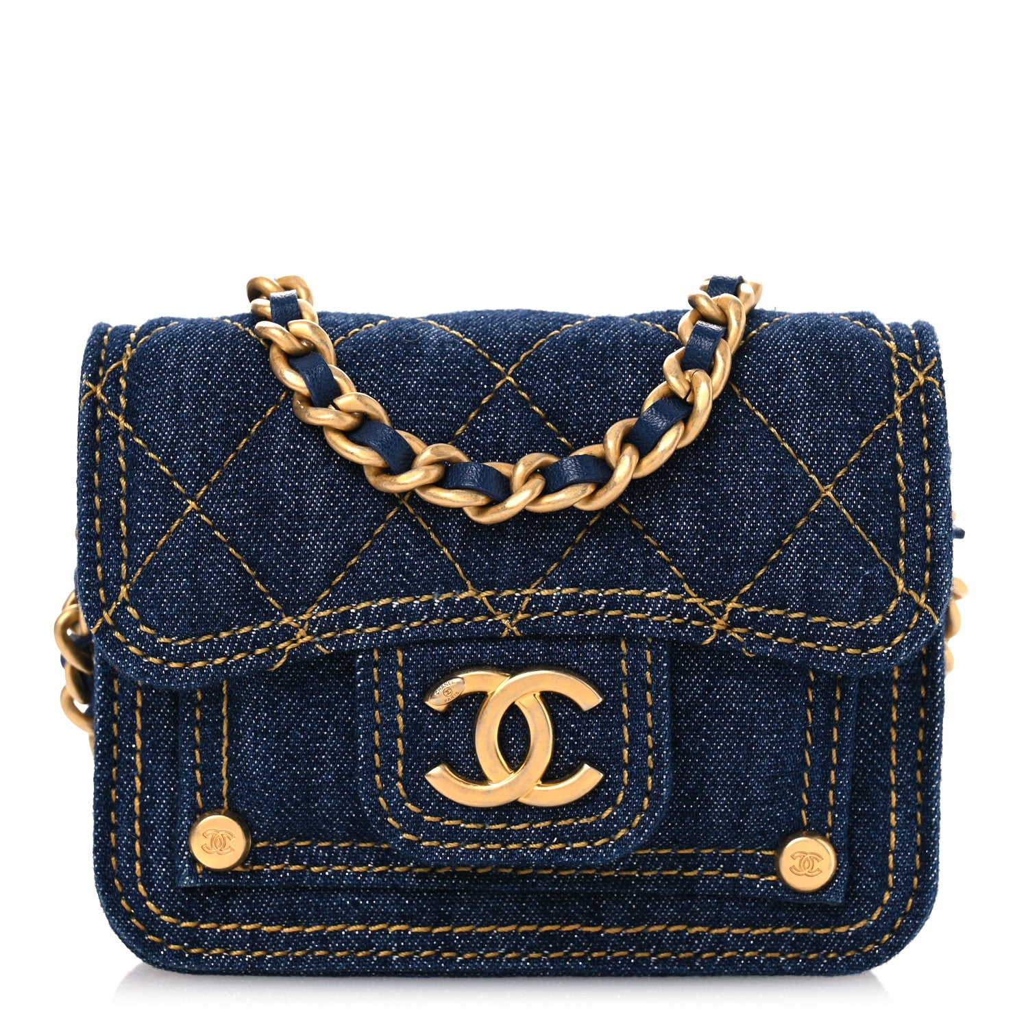 Chanel Denim Quilted Double You Card Holder On Chain Blue 1806775