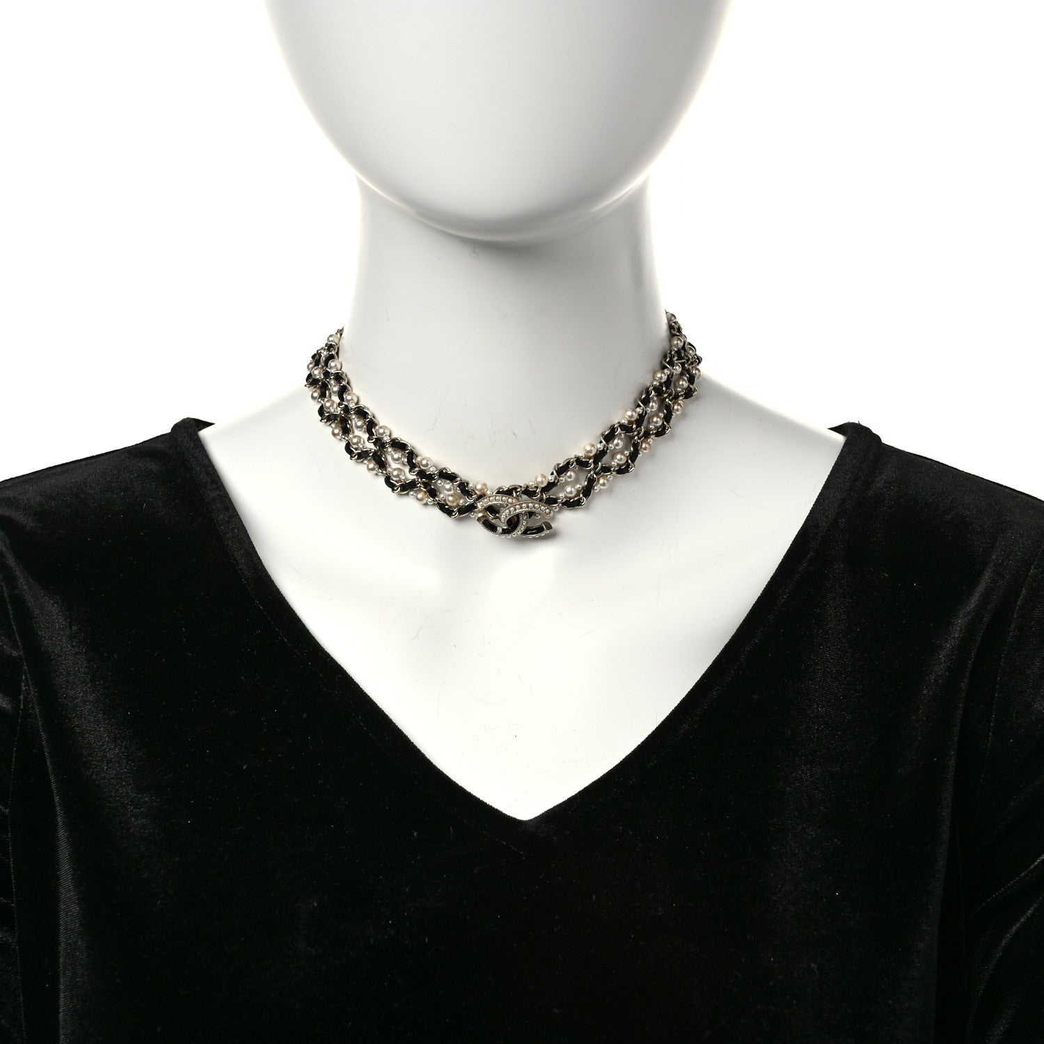 Chanel Pearl Lambskin CC Chain Twist Choker Necklace Gold Black 2 of 6