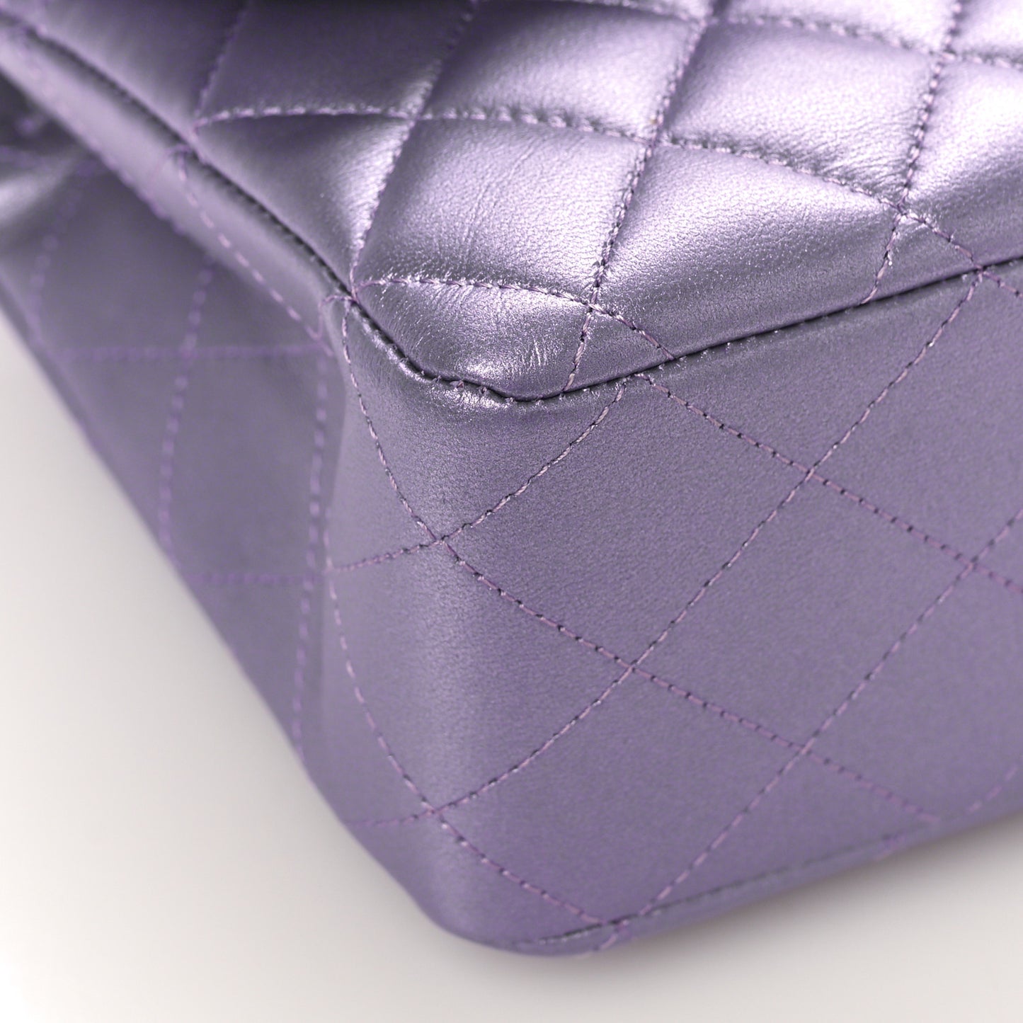 Metallic Lambskin Quilted Medium Double Flap Purple