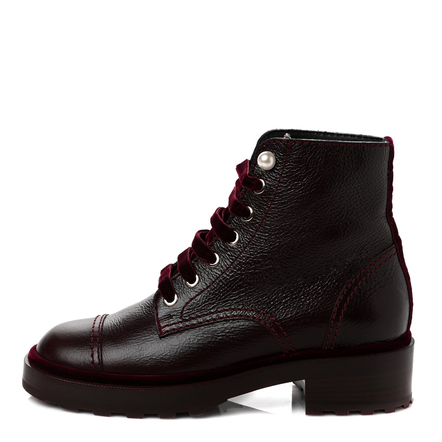 Calfskin Velvet Pearl Combat Short Boots 37.5 Burgundy