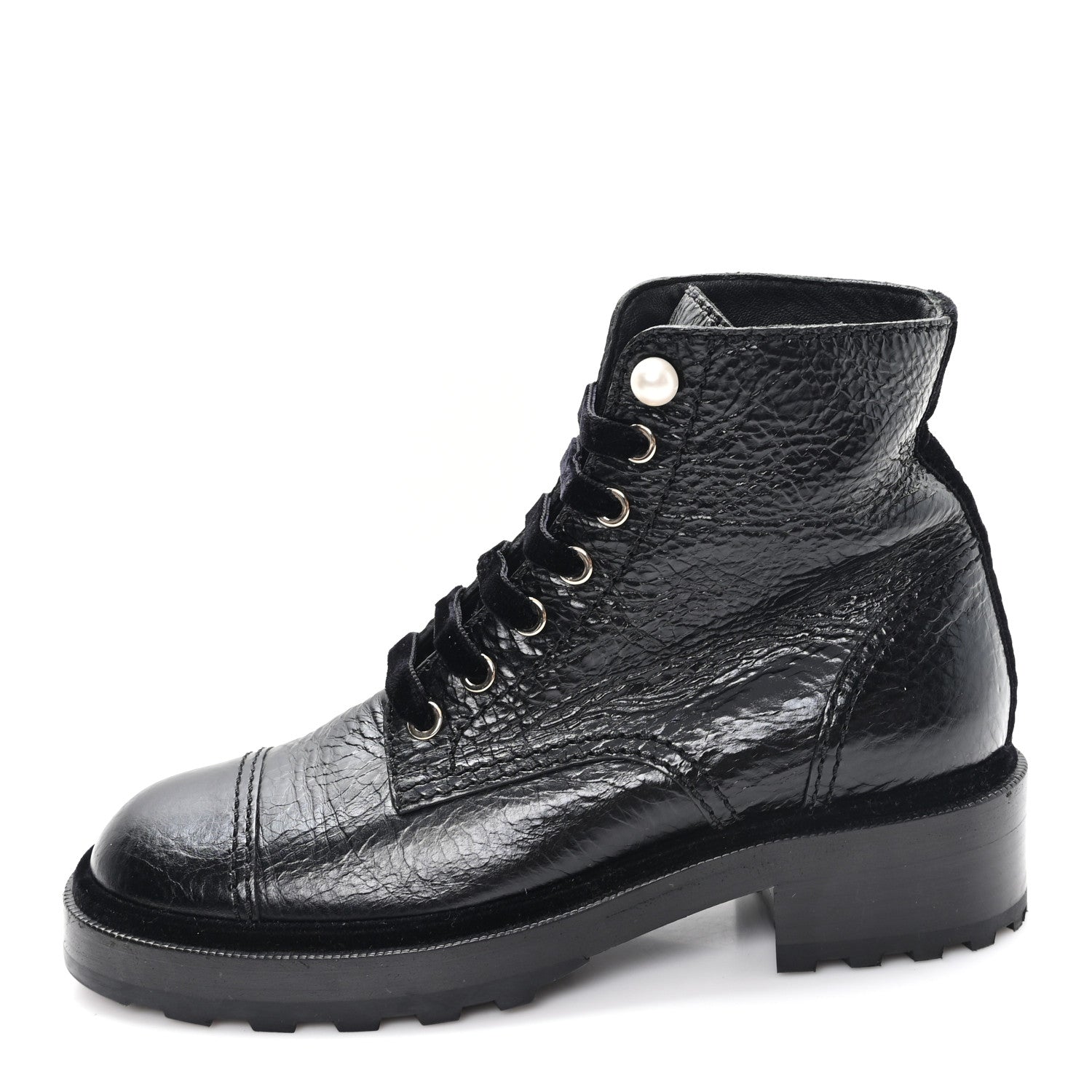 Chanel Shiny Calfskin Velvet Pearl Combat Short Boots 37.5 Black