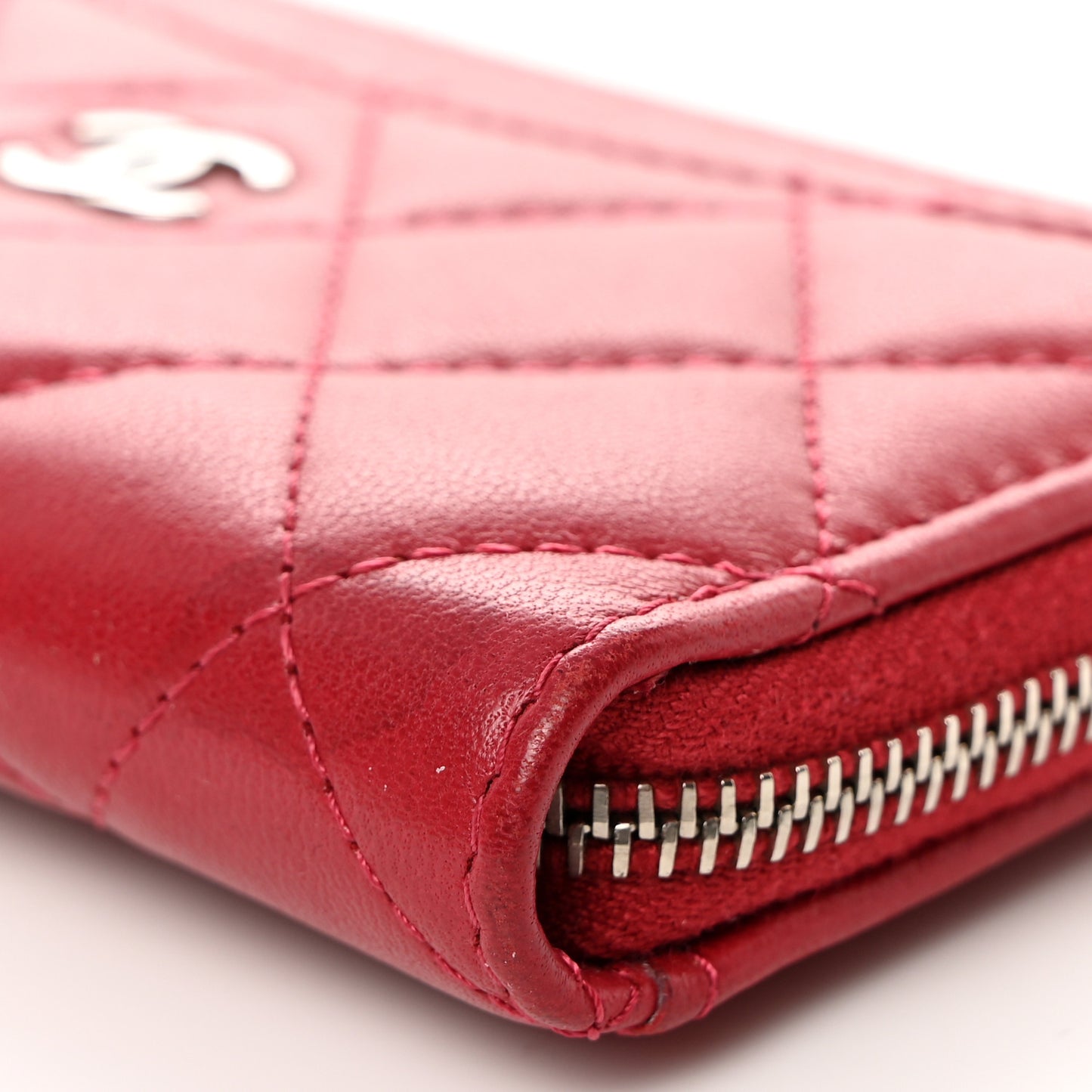 Lambskin Quilted CC Zip Around Card Holder Red