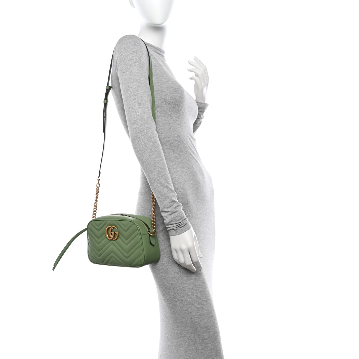 Calfskin Matelasse Chevron Small GG Marmont Chain Shoulder Bag Salamander Green