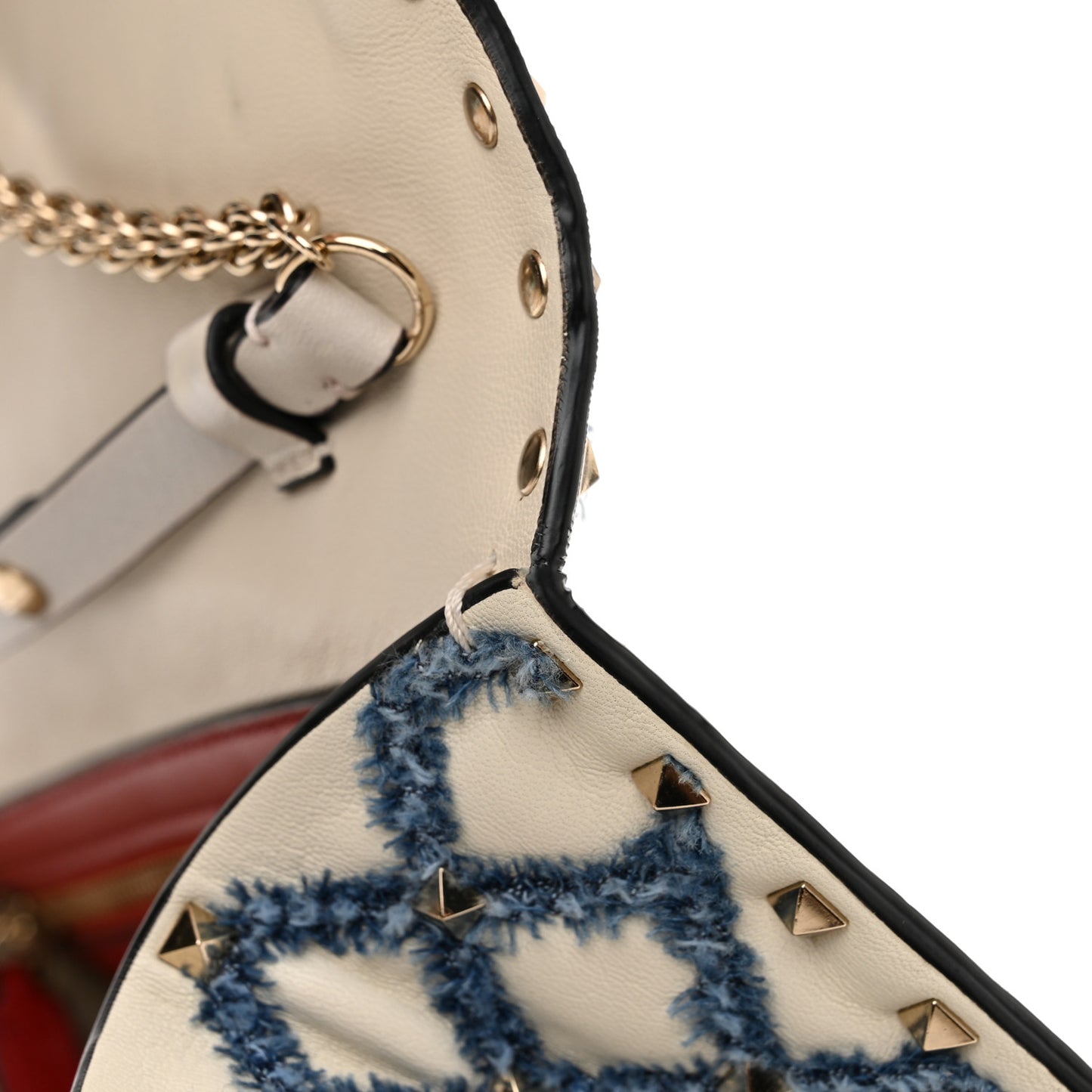 Nappa Denim Quilted Rockstud Spike Wallet on Chain Ivory Blue