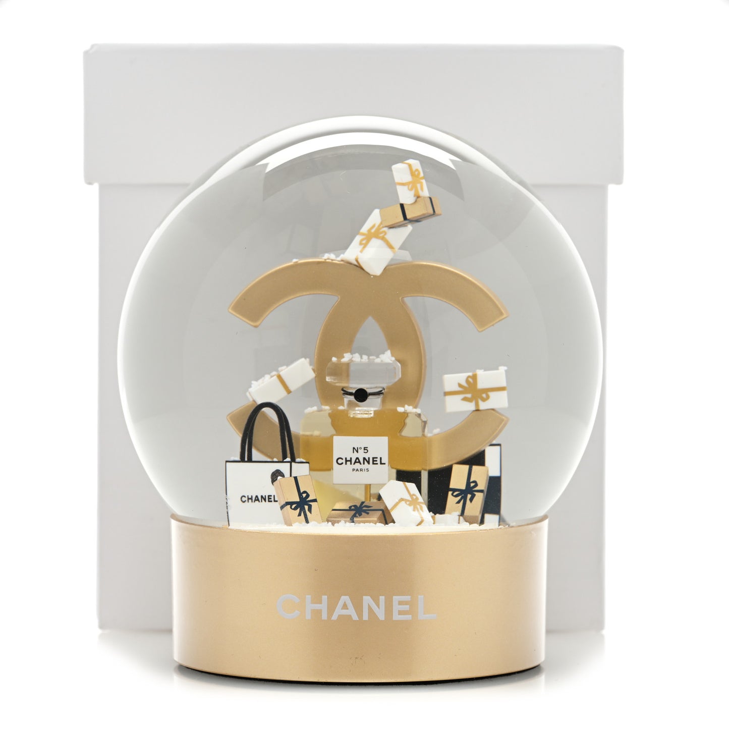 Glass CC Shopping Bag Snow Globe Gold