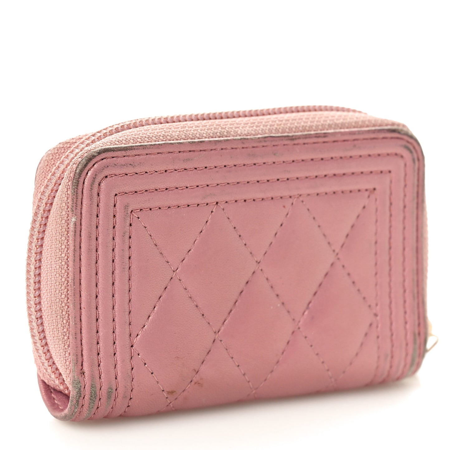 Metallic Lambskin Quilted Boy Zip Around Coin Purse Wallet Pink