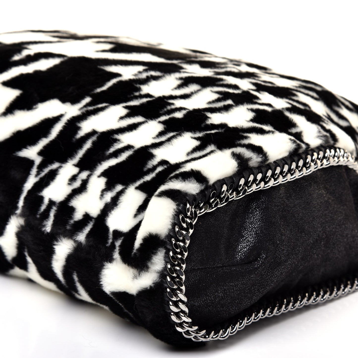 Eco Fur Houndstooth Big Falabella Fold Over Tote Black White