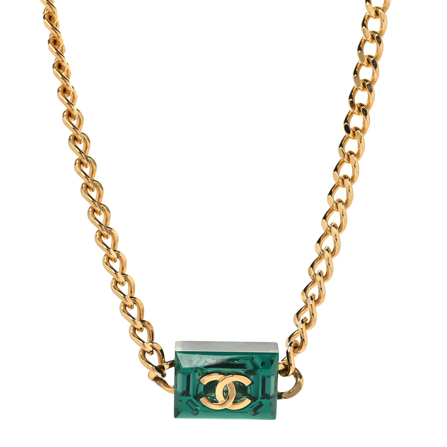Chanel CC Chain Link Choker Necklace Gold Green 1 of 5