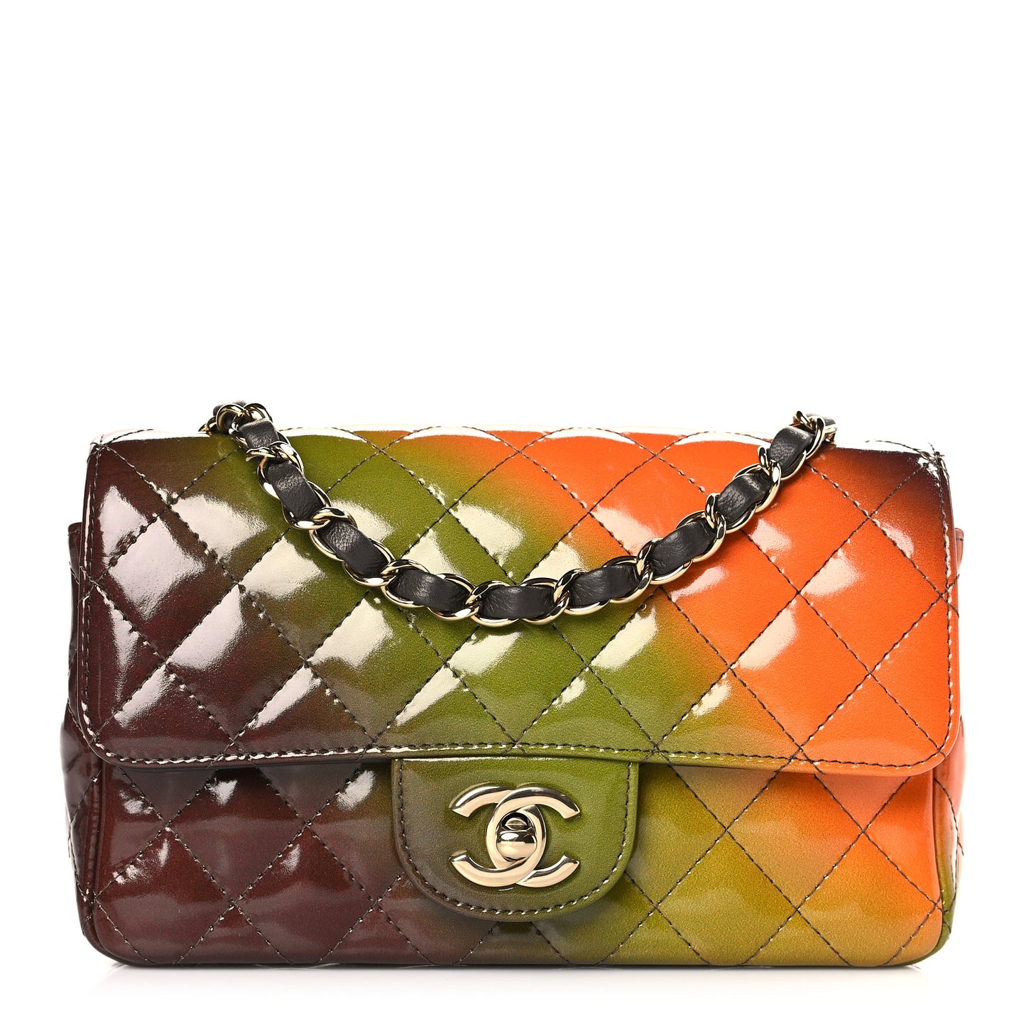 Shaded Patent Calfskin Quilted Mini Rectangular Flap Green Orange Dark Brown