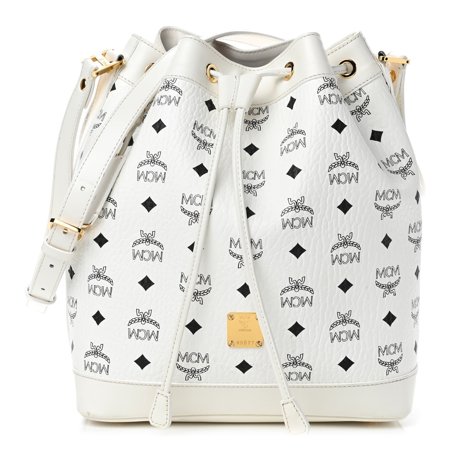 MCM Visetos Small Heritage Drawstring Bucket Bag White 851731