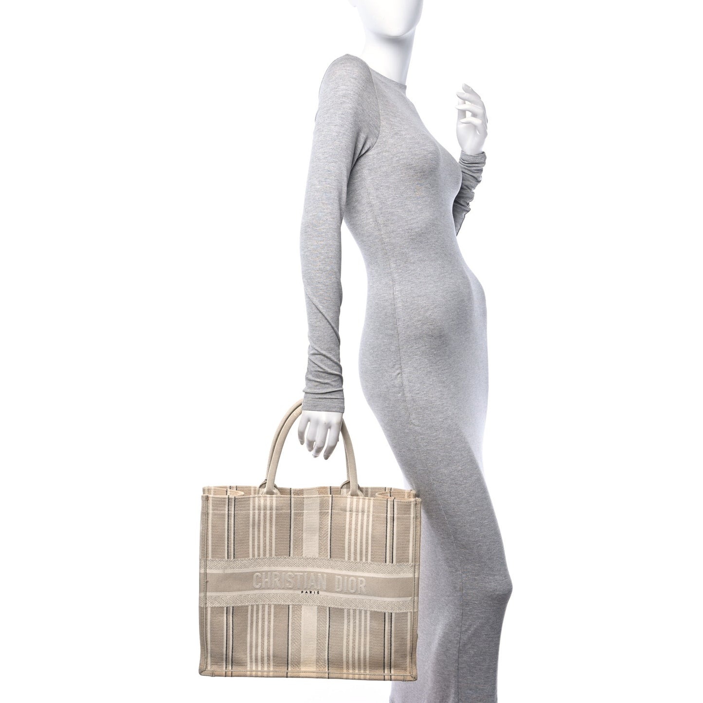 Canvas Embroidered Large Stripes Book Tote Beige