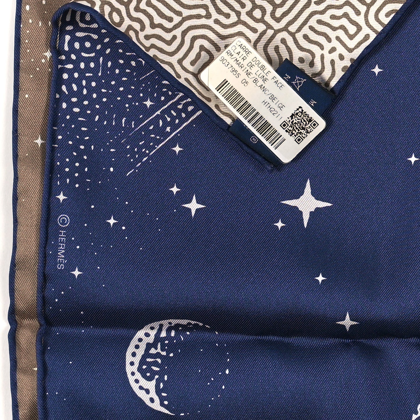 Silk Clair De Lune Double Face Scarf 90 Marine White Beige