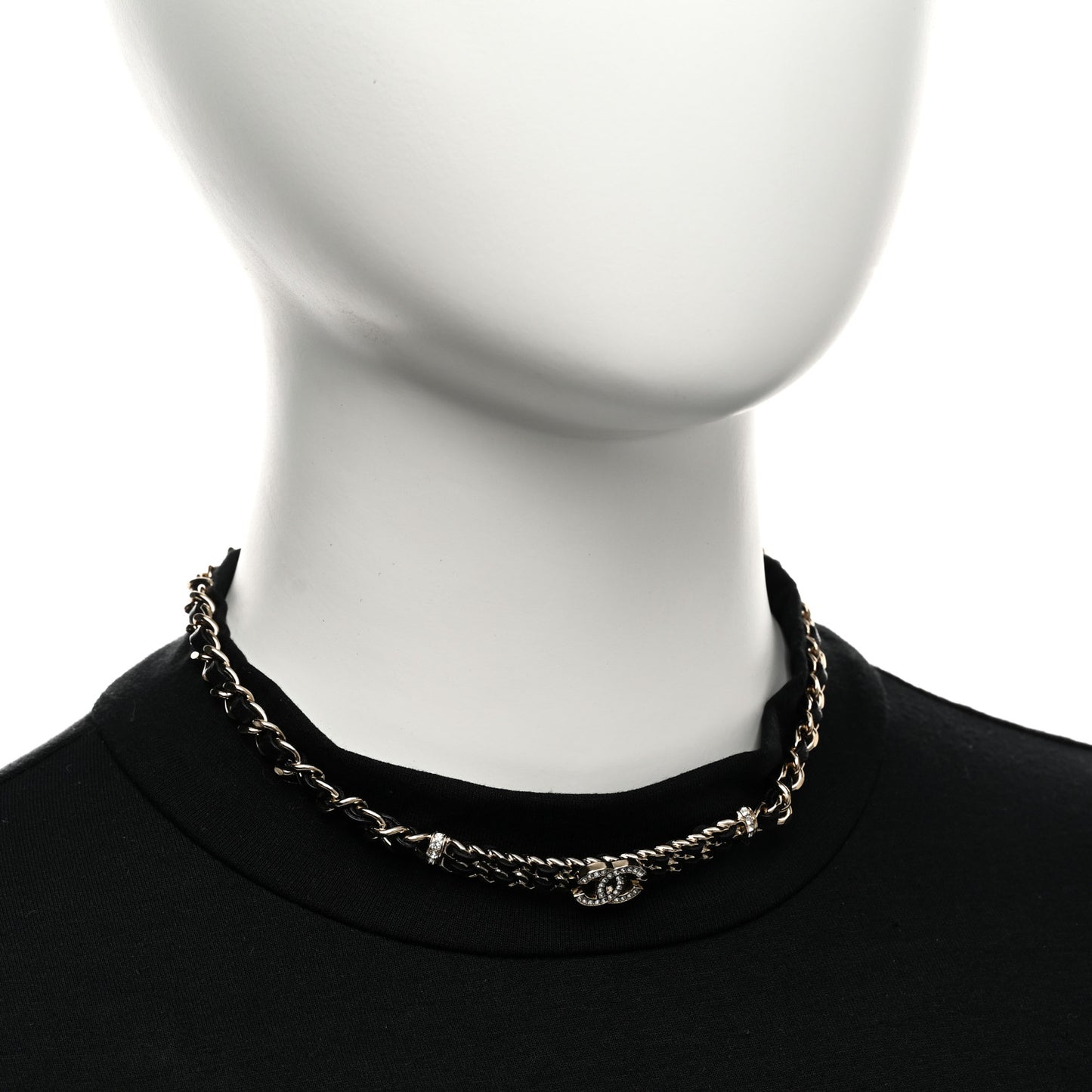 Metal Lambskin Crystal CC Choker Necklace Black Gold