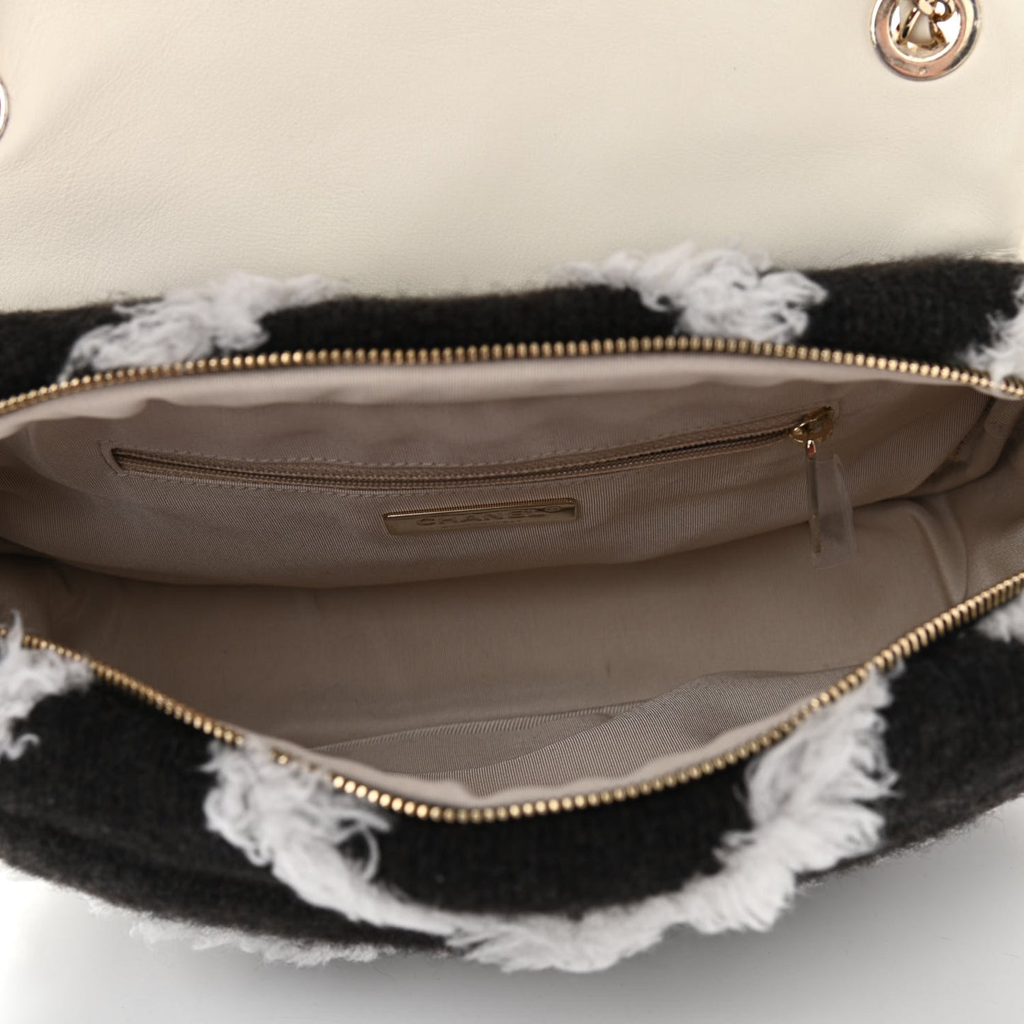 Wool Shearling Sheepskin Zip Around Flap Black Ecru