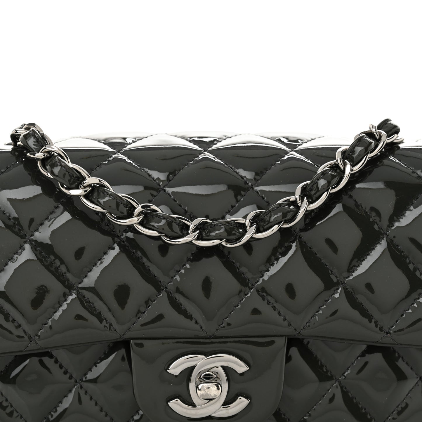 Patent Calfskin Quilted Mini Rectangular Flap Grey