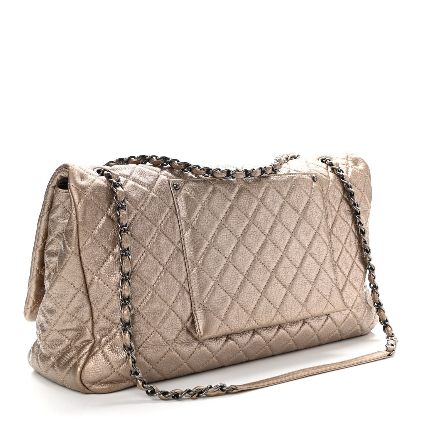 Metallic Calfskin Quilted XXL Travel Flap Bag Gold