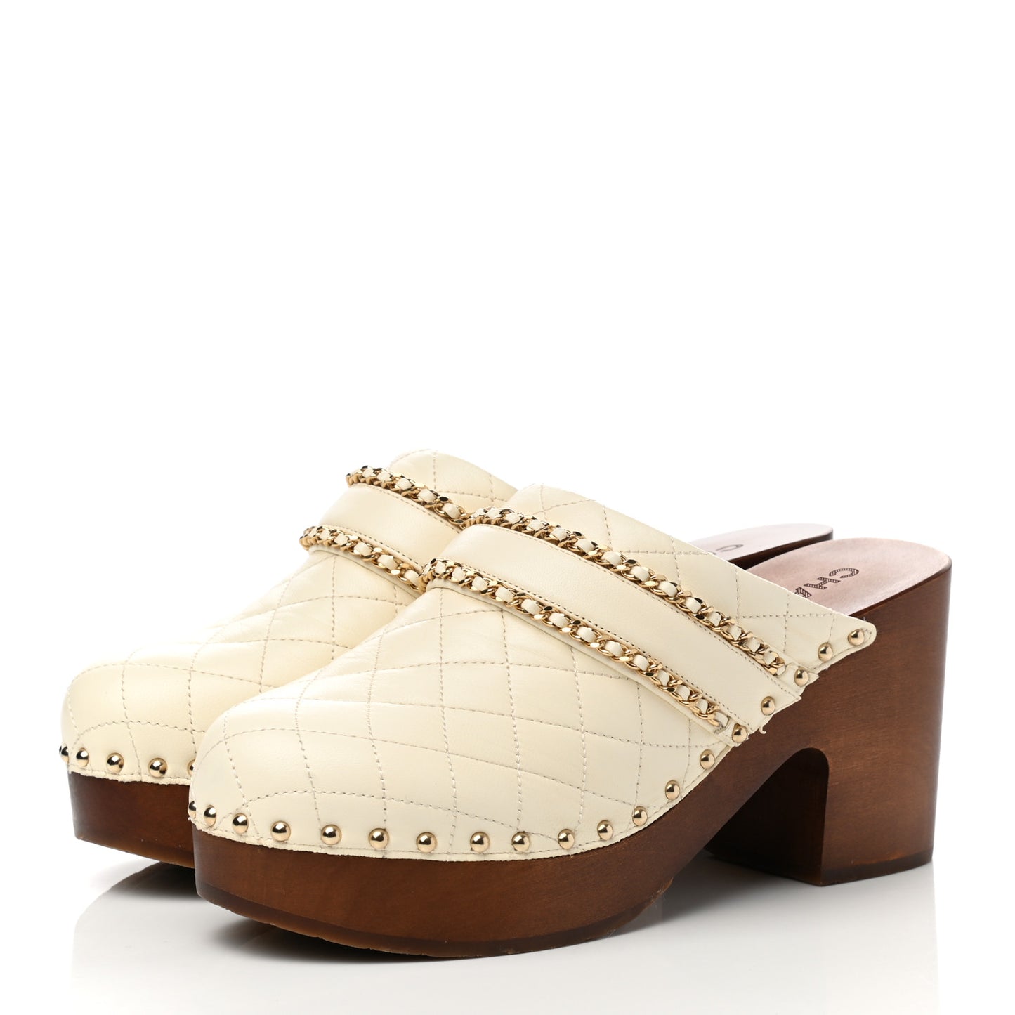 Lambskin Quilted Chain Clog Mules 39 Ivory