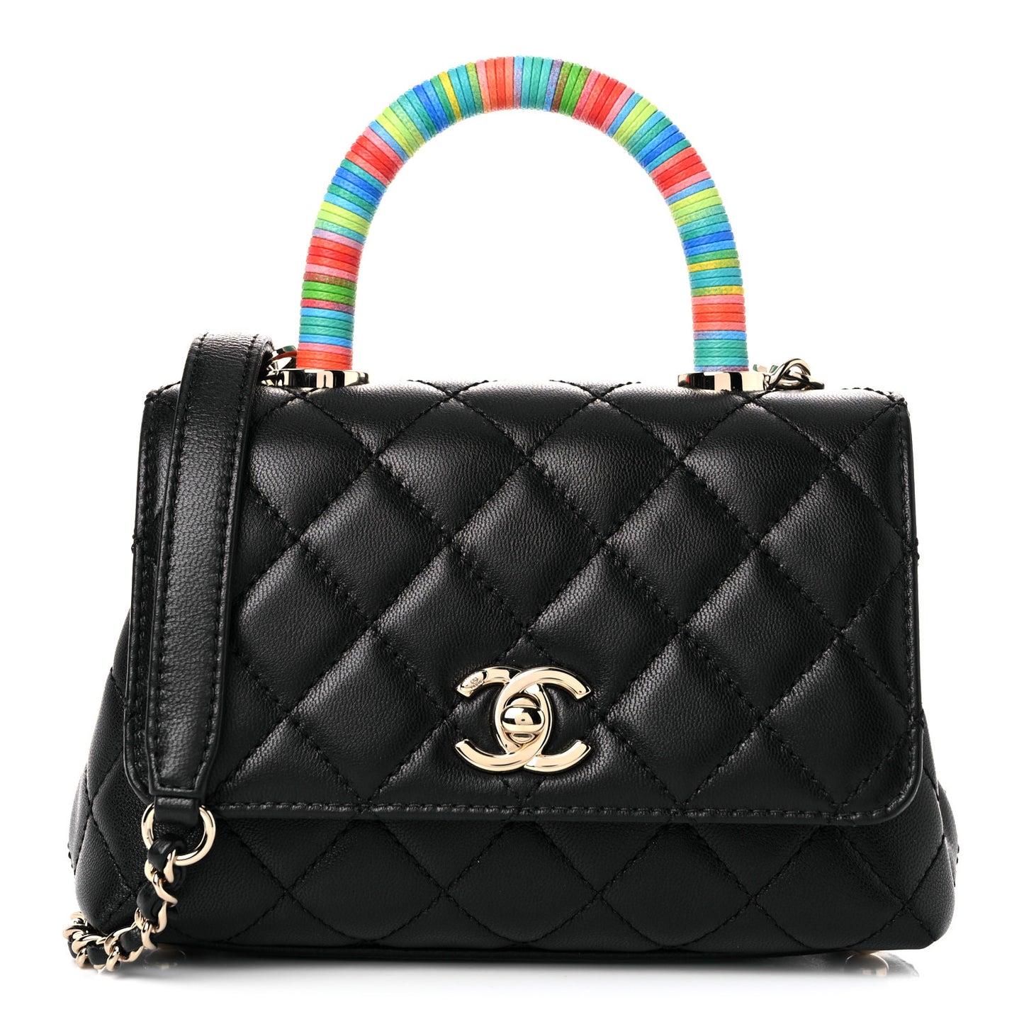 Goatskin Quilted Rainbow Extra Mini Coco Handle Flap Black
