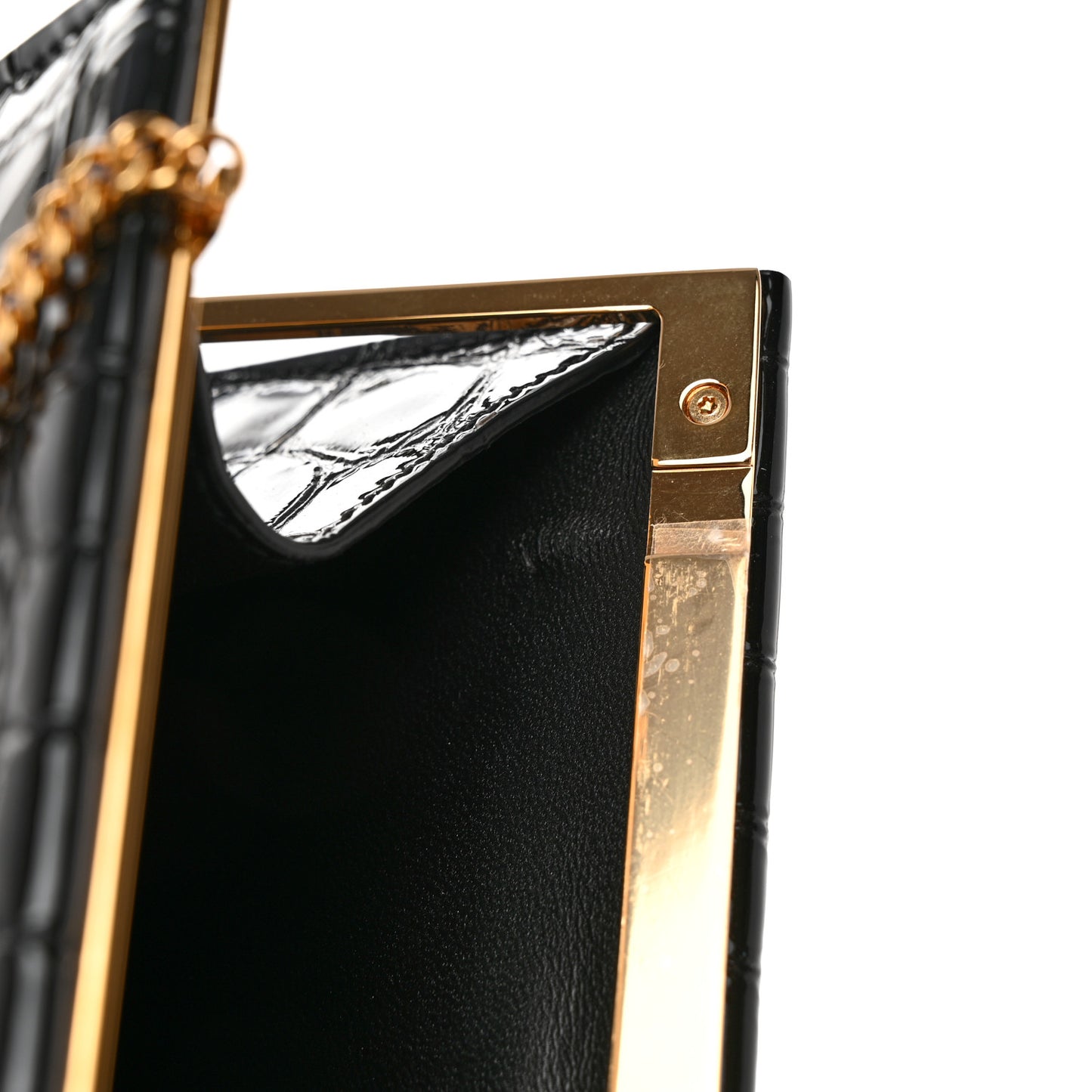 Lacquered Calfskin Crocodile Embossed Small Midnight Clutch Black