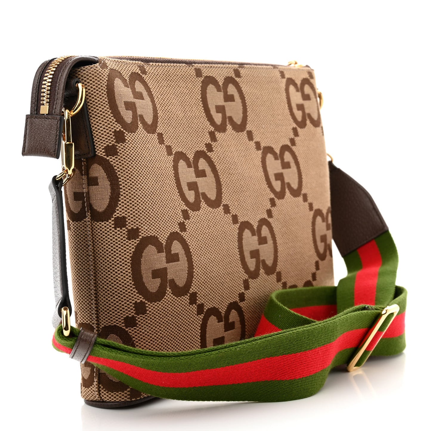 Monogram Jumbo GG Textured Dollar Calfskin Web Wristlet Messenger Bag Camel Ebony New Acero