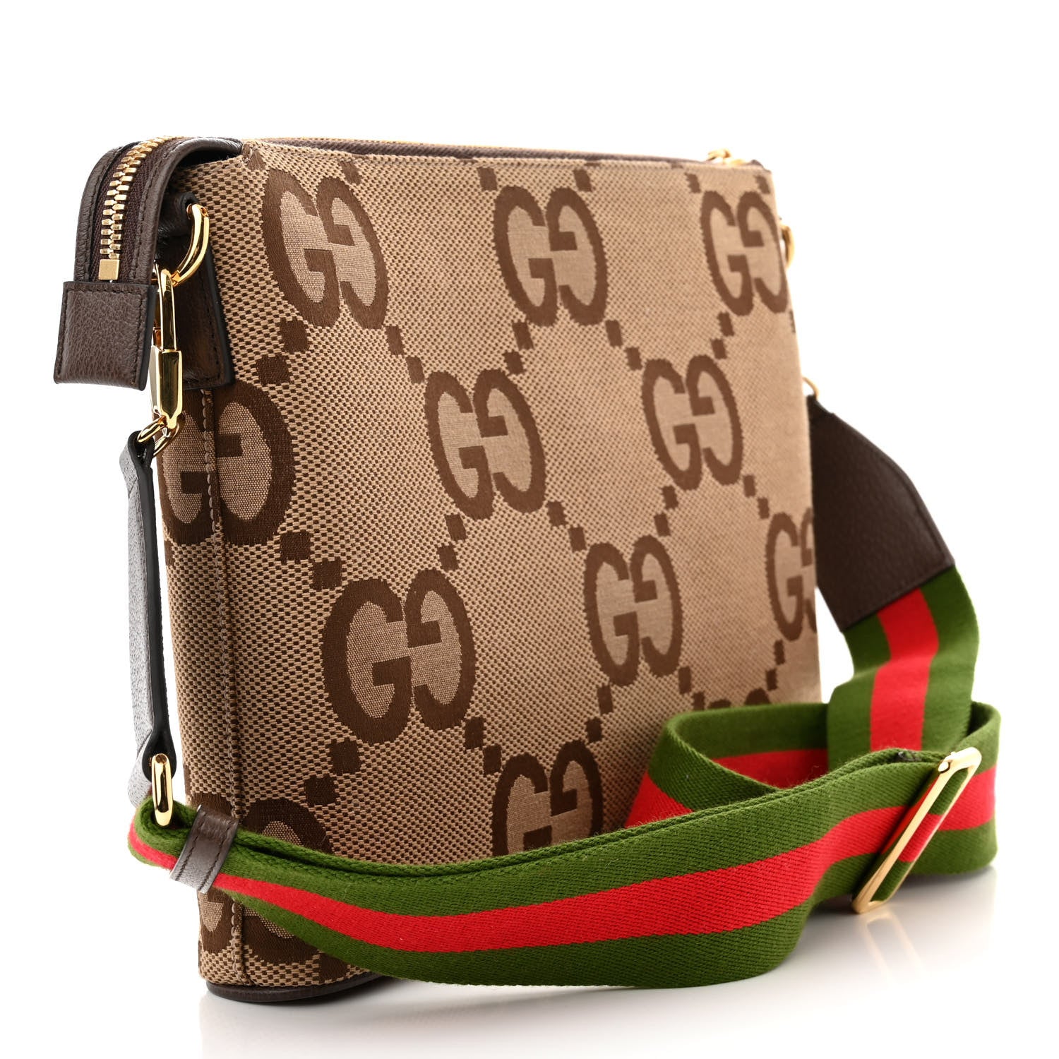 Gucci Monogram Jumbo GG Textured Dollar Calfskin Web Wristlet Messenger Bag Camel Ebony New Acero 3 of 9