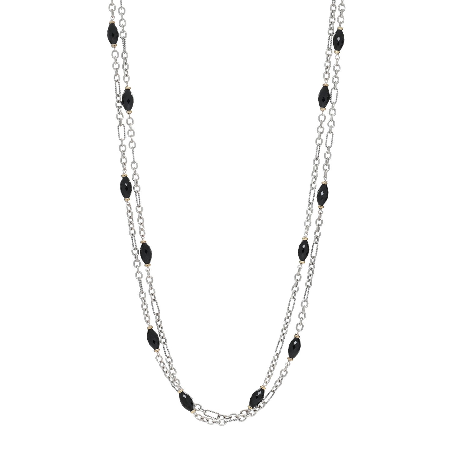 Sterling Silver 18K Yellow Gold Black Onyx Figaro Chain Necklace 72"