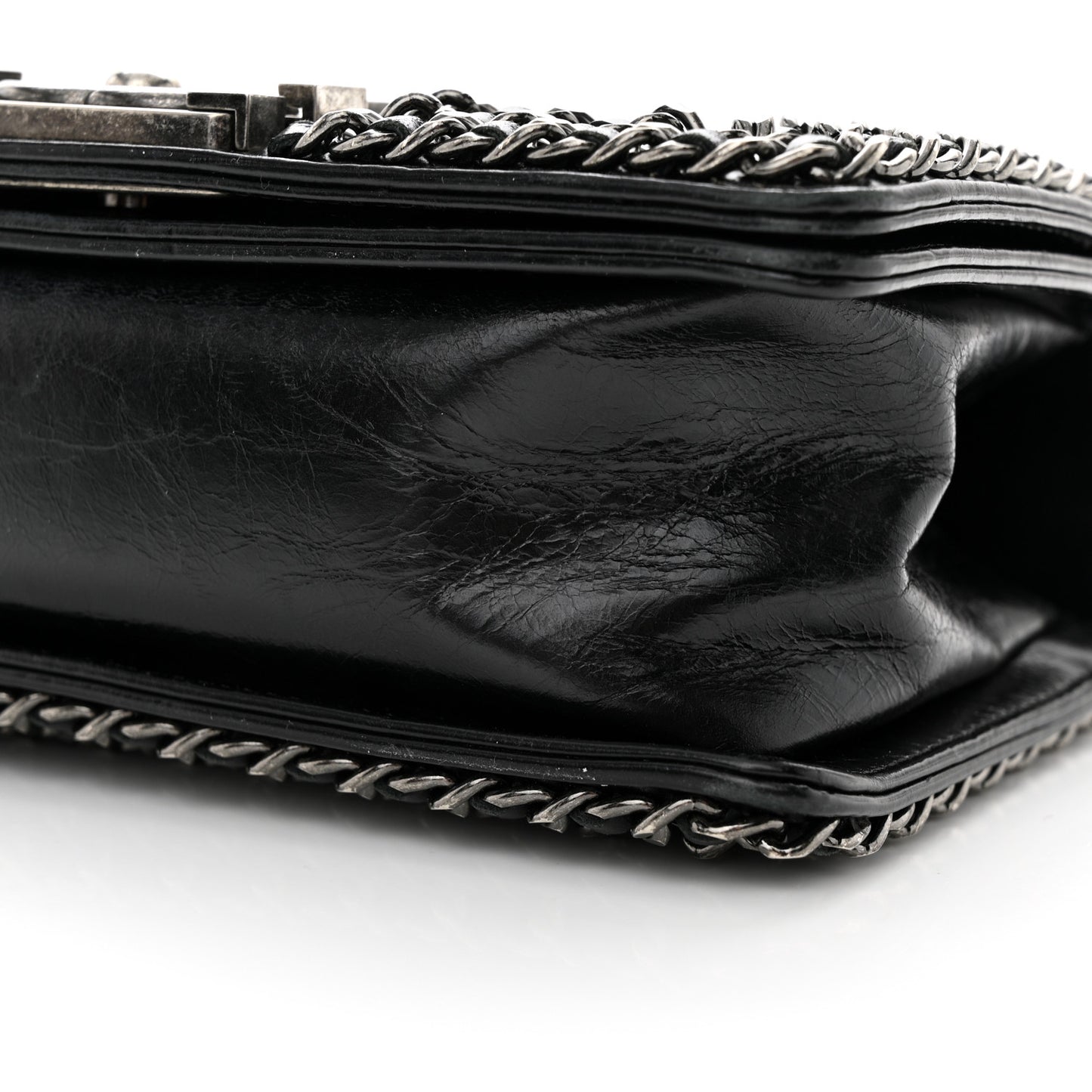 Glazed Calfskin Quilted Small Boy Chained Flap Black