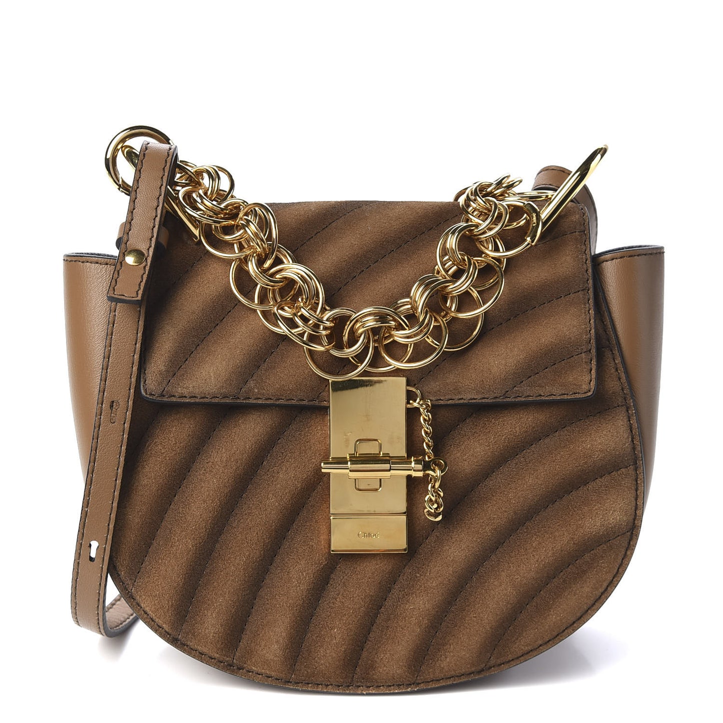 Suede Calfskin Quilted Drew Bijou Shoulder Bag Nut