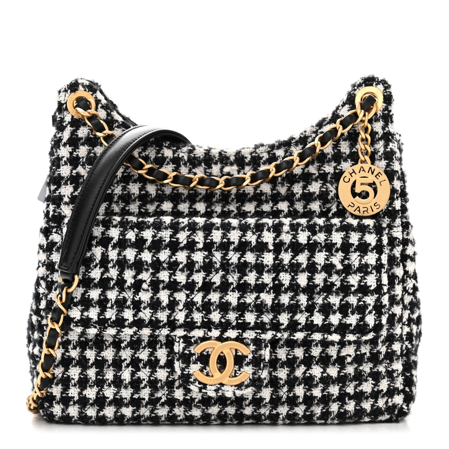 Tweed Houndstooth Quilted Small Wavy CC Hobo Black White