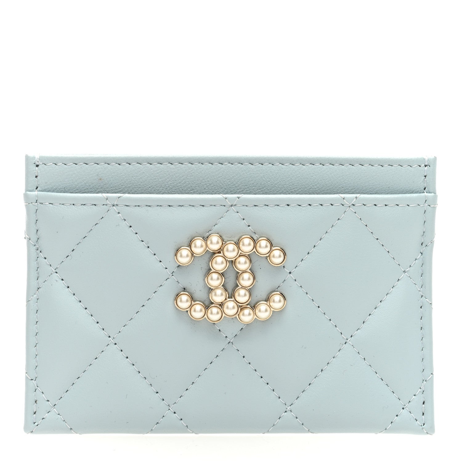 Chanel Lambskin Pearl Quilted Card Holder Light Blue 1529871
