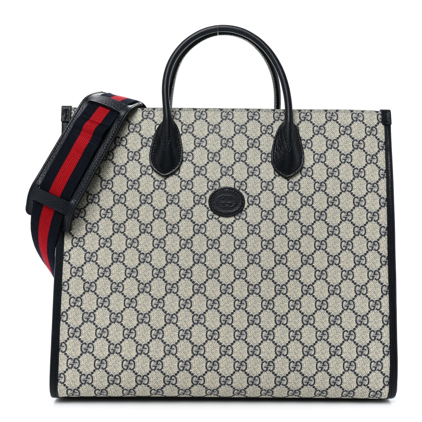 GG Supreme Monogram Textured Dollar Calfskin Web Medium Retro Interlocking G Tote Bag Beige Blue